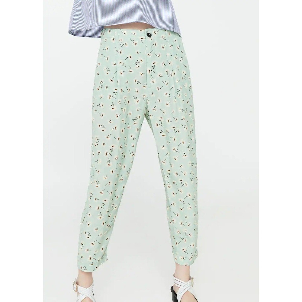 MNG Suit Mango Women Sage Green Floral High Waisted Tapered Cropped Pants Size 6